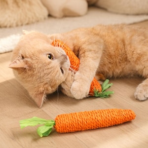 Puede incluir: Un gato atigrado naranja juega con un juguete para gatos con forma de zanahoria. El juguete es naranja con hojas verdes y está hecho de material tejido. El gato está en un suelo de madera, jugando con el juguete.