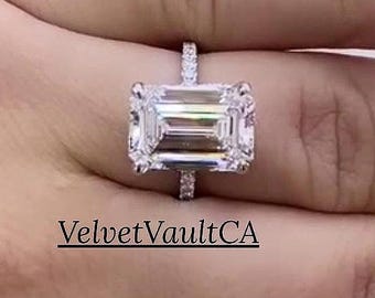 Verlovingsring met smaragdgeslepen moissanite van 4 karaat, ring met verborgen halo en half-enerrito pavézetting, jubileum- of trouwring.