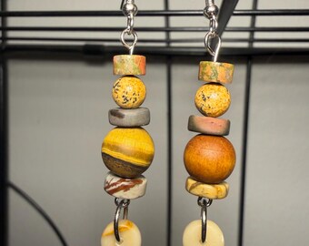 Real Jasper and Wood Handmade Boho Hippie Dangle Earrings