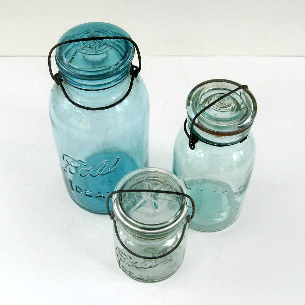 Antique Blue Mason Jars with Glass Lids 1/2 gallon quart Etsy
