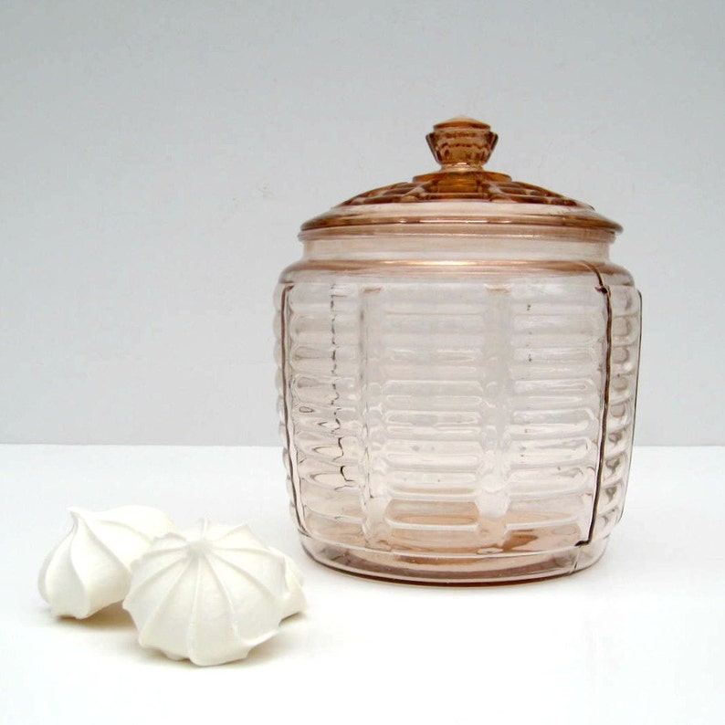 SALE Pink Depression Glass Cookie Jar with Lid Ribbed Etsy