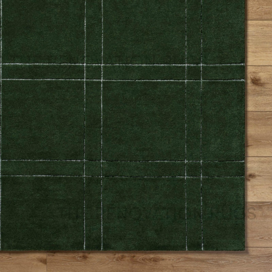 Deep Green Rug Pattern Hand Tufted Dark Green Wool Rug Minimal Grid Line Pattern Modern Living ...