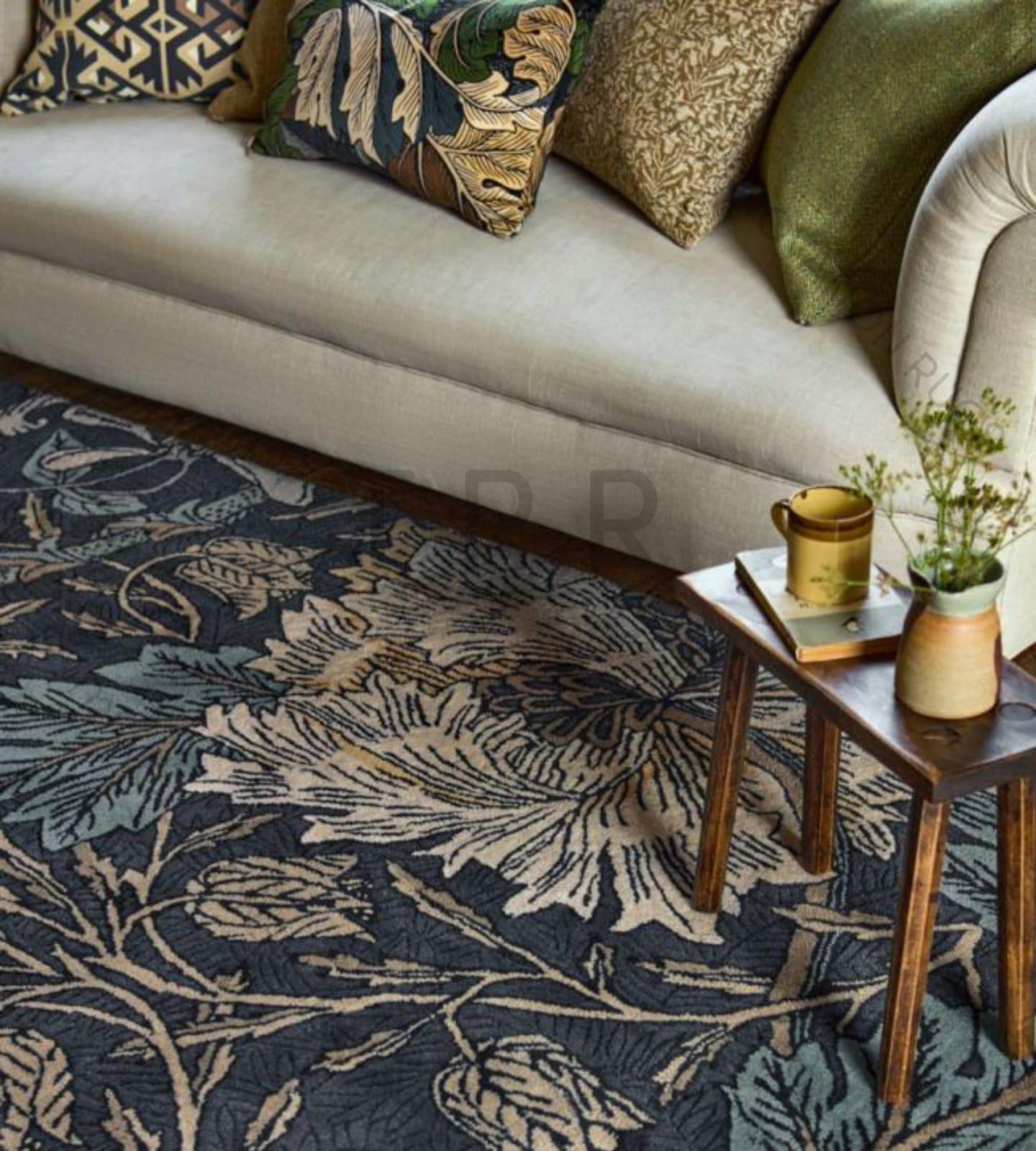 Hand Tufted Wool Large Floral Botanical Area Rug in Deep Navy Blue ...
