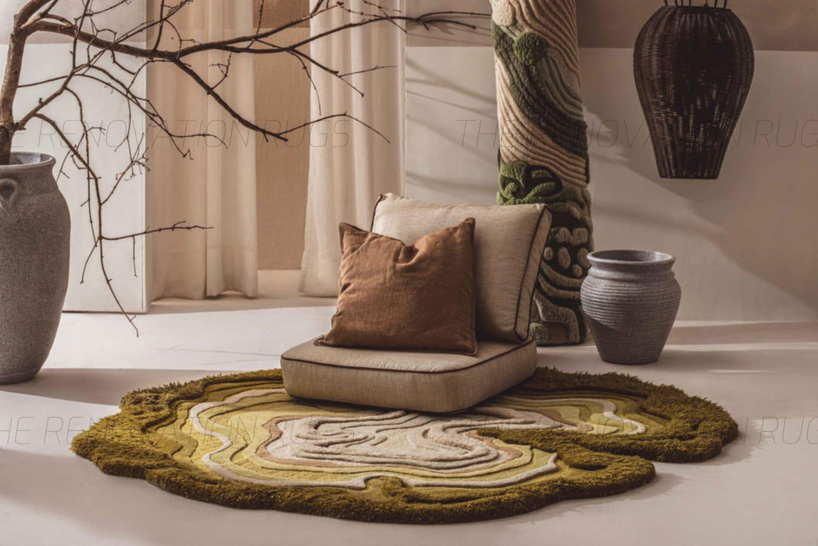 Olive Green Beige and Cream Irregular Shape Hand Tufted Wool Rug ...