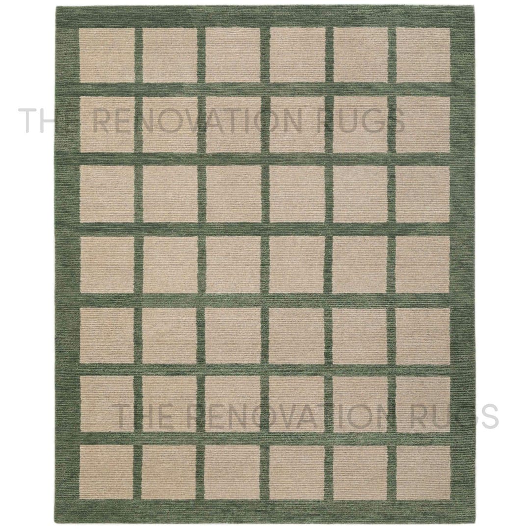 Hand Tufted Beige Green Wool Rug Geometric Grid Windowpane Pattern ...
