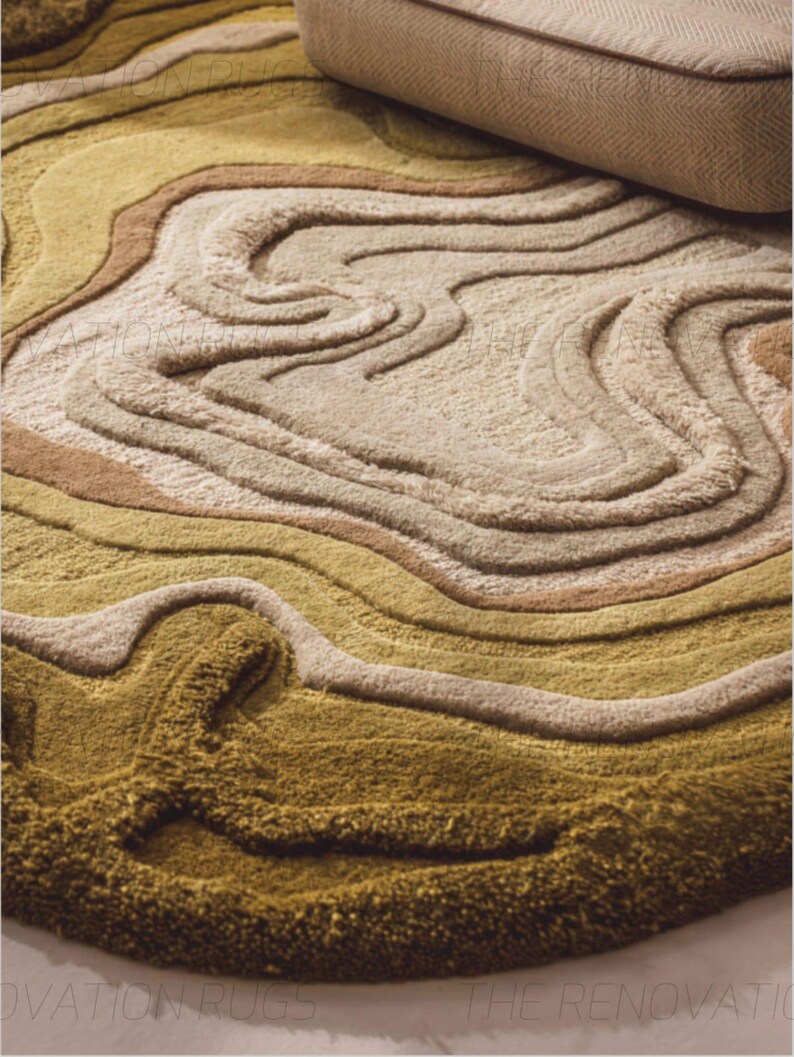Olive Green Beige and Cream Irregular Shape Hand Tufted Wool Rug ...