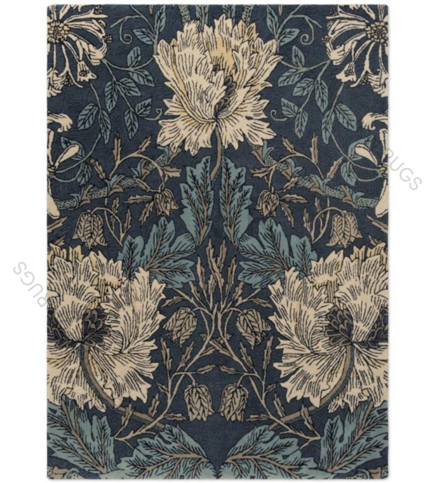 Hand Tufted Wool Large Floral Botanical Area Rug in Deep Navy Blue ...