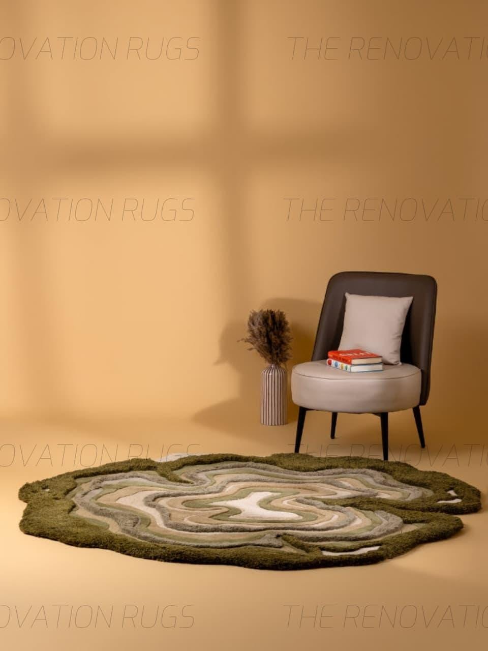 Olive Green Beige and Cream Irregular Shape Hand Tufted Wool Rug ...