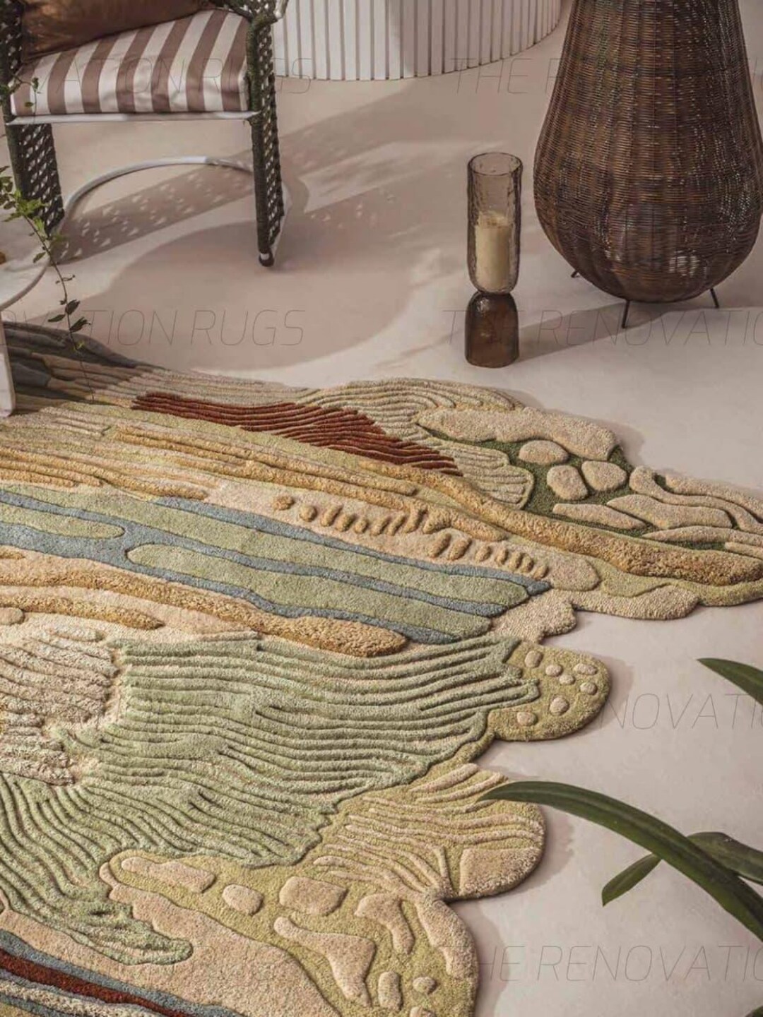 Sage Green Beige and Terracotta Irregular Shape Hand Tufted Wool Rug ...