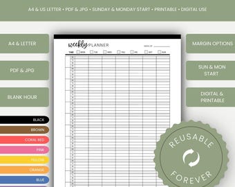 15 Minute Weekly Planner, Time Blocking Planner, 15 Minute Interval Planner, Weekly Schedule, Weekly Agenda, Week At A Glance, A4/Letter