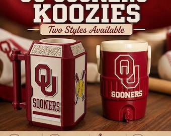 May include: Two styles of OU Sooners koozies are displayed. One is a mug-style koozie with a handle, the other is a cooler-style koozie. Both are red and white with the OU logo and the word "SOONERS". The mug koozie fits 12 oz cans.