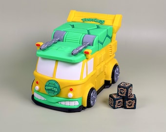 May include: A yellow and green toy vehicle with the word "Turtles" on top. The toy has silver-coloured cannons and a green front bumper. Three dice with gold-coloured numbers are next to the vehicle.