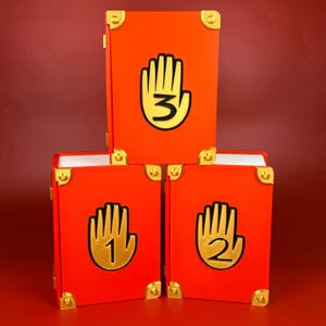 Op de afbeelding: Drie feloranje rechthoekige boeken gestapeld in een piramidevorm. Elke boekomslag heeft een verhoogd gouden handpictogram met een zwart cijfer in het midden, gelabeld 1, 2 en 3. De hoeken van elk boek zijn versterkt met gouden metalen accenten.