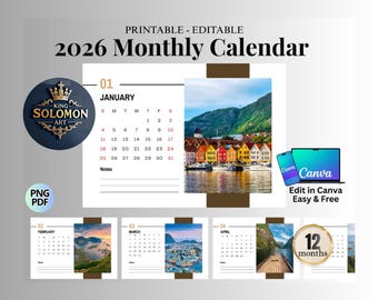 2026 Monatskalender: Bearbeitbare Canva Vorlage mit Fotos