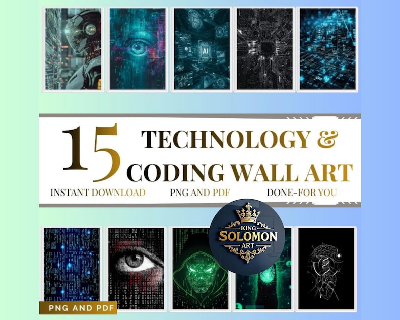 a collection of 15 technology and coding-themed wall art pieces, including abstract designs, digital elements, and other artistic representations related to technology and programming.