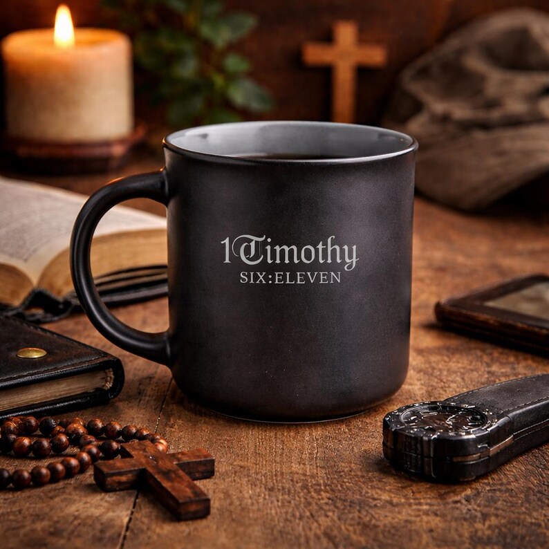 May include: A black coffee mug with the text "1 Timothy SIX:ELEVEN" in white. The mug is on a wooden surface with a rosary, a wooden cross, a book, and a lit candle in the background. The mug is filled with coffee.