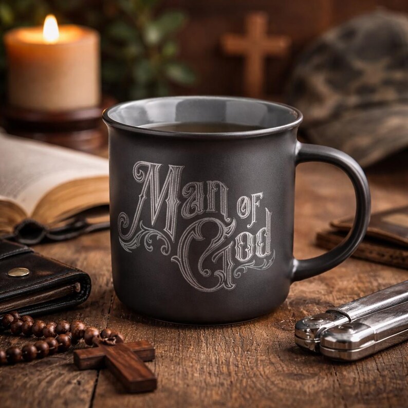 May include: A black ceramic mug with the words "Man of God" in an ornate font. The mug is filled with a dark liquid and sits on a wooden surface, alongside a rosary, a cross, and a lit candle.