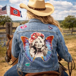 Country Icon Butterfly Denim Jacket, Vintage Music Star Jean Jacket, Boho Western Patch Jacket, Festival Statement Denim Coat, Gift for Her