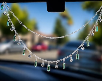 Boho Green Crystal Car Charm | Handmade Dainty Beaded Rearview Mirror Accessory