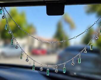 Boho Green Crystal Car Charm | Handmade Dainty Beaded Rearview Mirror Accessory