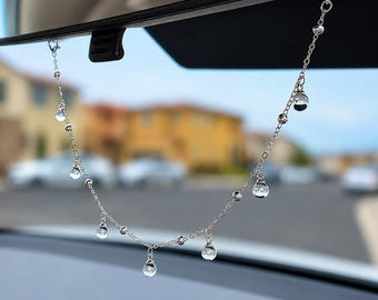 Dainty Crystal Car Charm | Rearview Mirror Hanging Decor | Silver Beaded Car Accessory | Boho Car Mirror Charm | Cute Gift for Her
