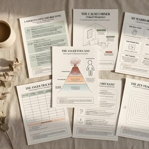 May include: A collection of printed worksheets with titles like "Understanding the Red Zone," "The Calm Corner," and "My Warrior Powers." A cup of coffee and sprigs of greenery are also present. The worksheets feature diagrams and text, designed for self-help and emotional well-being.