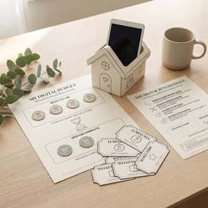 May include: A desk arrangement with a house-shaped tablet holder, a beige mug, and printed sheets with text. The sheets include the text "MY DIGITAL BUDGET" and "THE DIGITAL ZEN CONTRACT". There are also several tokens and tickets.