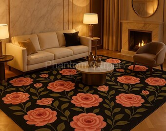 Alfombra floral de lujo – Alfombra de rosas negras y rosas – Decoración elegante para sala de estar – Estilo vintage