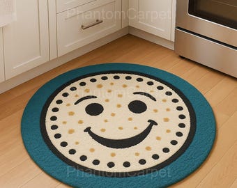Tappeto rotondo Mordan azzurro cielo e nero con faccina sorridente / bordo verde acqua, decorazione divertente per la casa