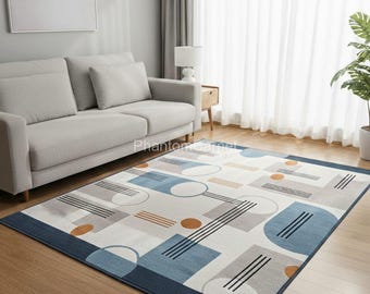 Modern geometrisk matta – blå och beige abstrakt matta för vardagsrum, minimalistisk inredning i mitten av århundradet, mjuk handgjord tuftad matta