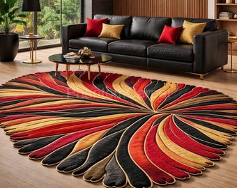 Luxury Red Black Gold Rug, Modern Abstract Flower Rug, Tufted Statement Carpet