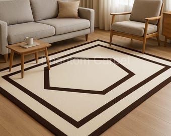 Modern Cream and Brown Area Rug | Geometric Border Carpet | Minimalist Living Room Decor