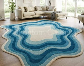 Modern Abstract Blue Area Rug, Irregular Shape Carpet, Wavy Pattern Rug, Soft Plush Floor