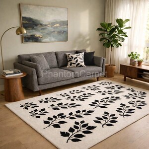 Black and Cream Floral Rug, Modern Leaf Pattern Rug, Minimalist Living Room