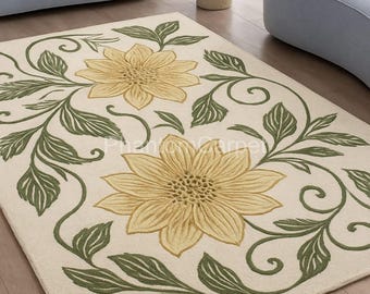 Alfombra de girasoles – Alfombra floral amarilla para sala de estar y dormitorio – Decoración para el hogar con diseño de hojas botánicas