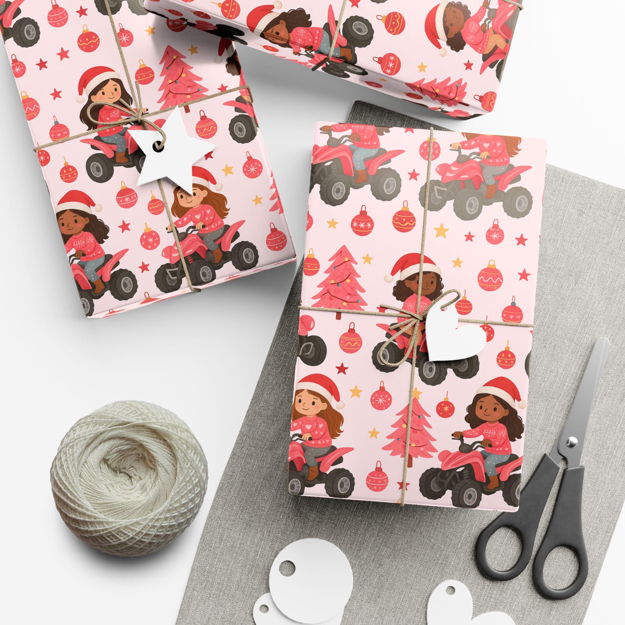 Discover Girl ATV Christmas Wrapping Paper , Pink Holiday Tree, Ornament Pattern
