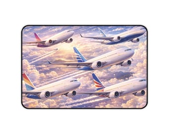 Airliner Fleet Illustration Desk Mat | Airplane Flying Clouds Mouse Pad