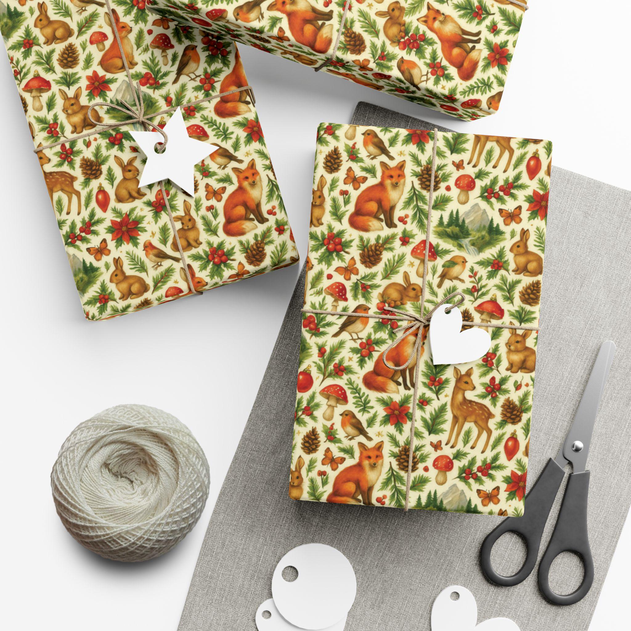 Discover Nature Woodland Fox Pattern Gift Wrap Paper, Forest Leaves Mushrooms
