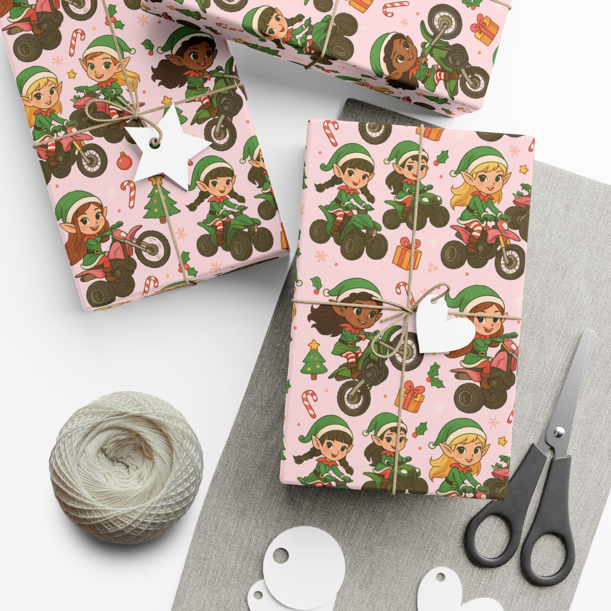 Discover Elf Motorbike Pattern Gift Wrap Paper, Holiday Christmas Wrapping Paper