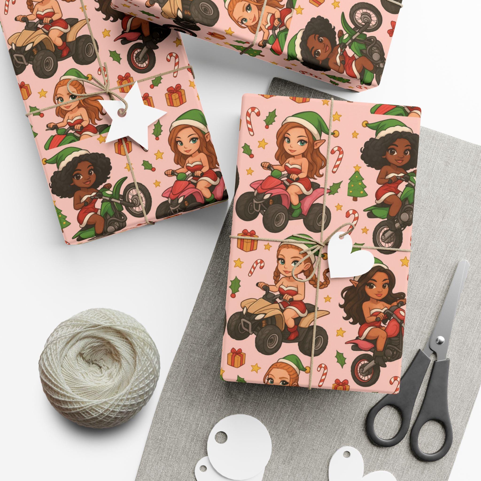 Discover Motorcycle ATV  Santa Girl Gift Wrap Paper, Christmas Wrapping Paper