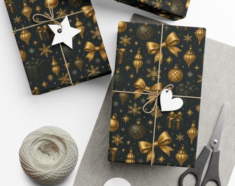 May include: Wrapped gifts with a festive Christmas pattern. The wrapping paper is dark green with gold ornaments, bows, and snowflakes. Each gift is tied with twine and has a white tag. A spool of twine and scissors are also visible.