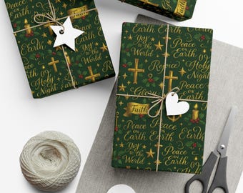 May include: Christmas-themed gift wrap with a dark green background and gold text. The wrapping paper features crosses, stars, candles, and the words "Peace on Earth" and "Joy to the World." Gifts are tied with twine and decorative tags.