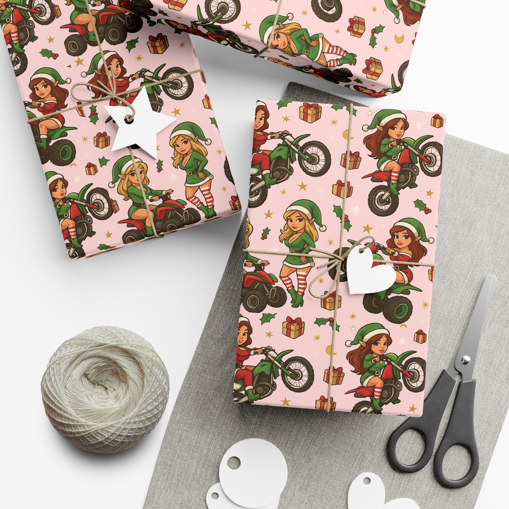 Discover Christmas Elf Motorbike pink Gift Wrap Paper, Holiday Wrapping Sheets