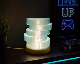 Stacked Disc Accent Lamp – Translucent Teal, Gold Base, LED Integrated Home Decor