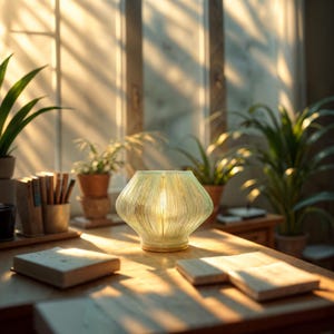 May include: A decorative glass lamp with a ribbed texture sits on a wooden desk, illuminated by sunlight. The lamp has a soft, glowing interior. Books, pencils, and potted plants are also on the desk, creating a warm, inviting atmosphere.