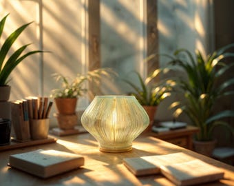 Ribbed Glow Lamp:  Minimalist lighting, Translucent Light Blue, Warm Ambient Glow, Plug in LED