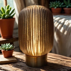 May include: A gold-colored, ribbed glass table lamp with a cylindrical shape, set on a brass base. The lamp is illuminated, casting a warm glow. The lamp sits on a wooden table, with potted plants in the background.