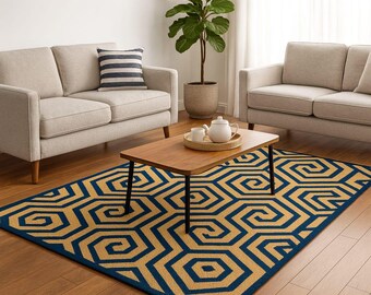 Modern Geometric Blue & Gold Area Rug – Stylish Hexagon Pattern Carpet for Living Room