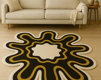 Black and Gold Flower Rug | Hand Tufted Abstract Carpet