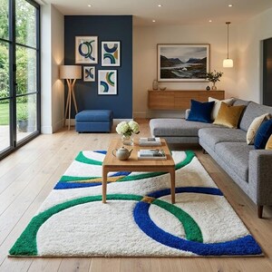 Modern Geometric Loop Area Rug, Blue Green Ivory Abstract Carpet